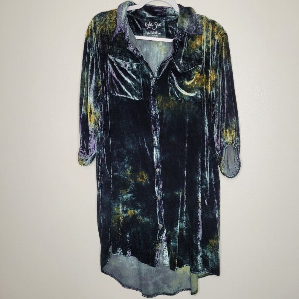 Kyla Seo oversized button front velvet grunge artsy 3/4 sleeve tunic top small